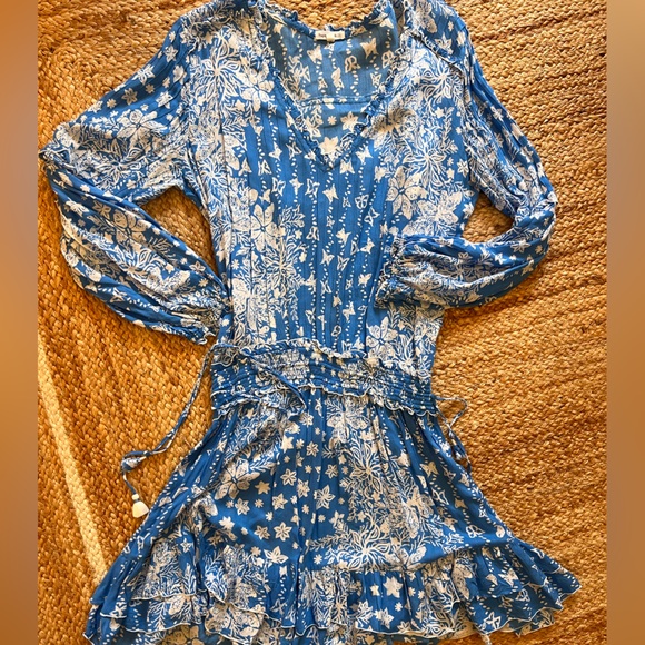 POUPETTE ST BARTH BLUE BATIK PRINT LONG SLEEVE MINI DRESS SIZE L EXCELLENT COND - Picture 2 of 2